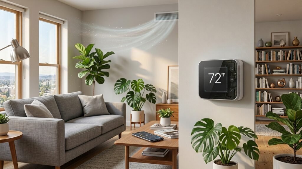 Smart thermostat installed in a modern home for energy-efficient temperature control