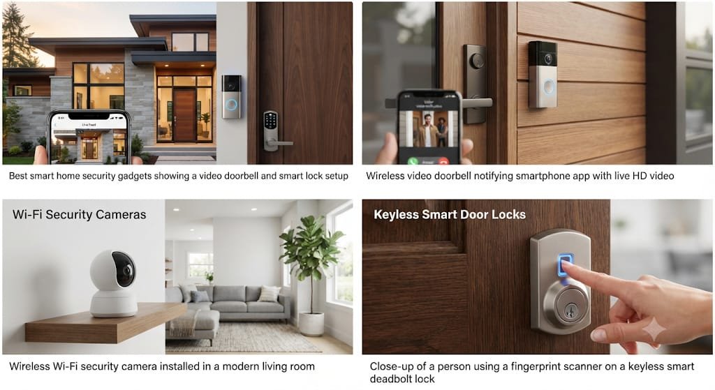 smart home security gadgets showing a video doorbell and smart lock setupwireless video doorbell notifying smartphone app with live HD video
wireless Wi-Fi security camera installed in a modern living roomkeyless smart door lock with biometric fingerprint scanner

