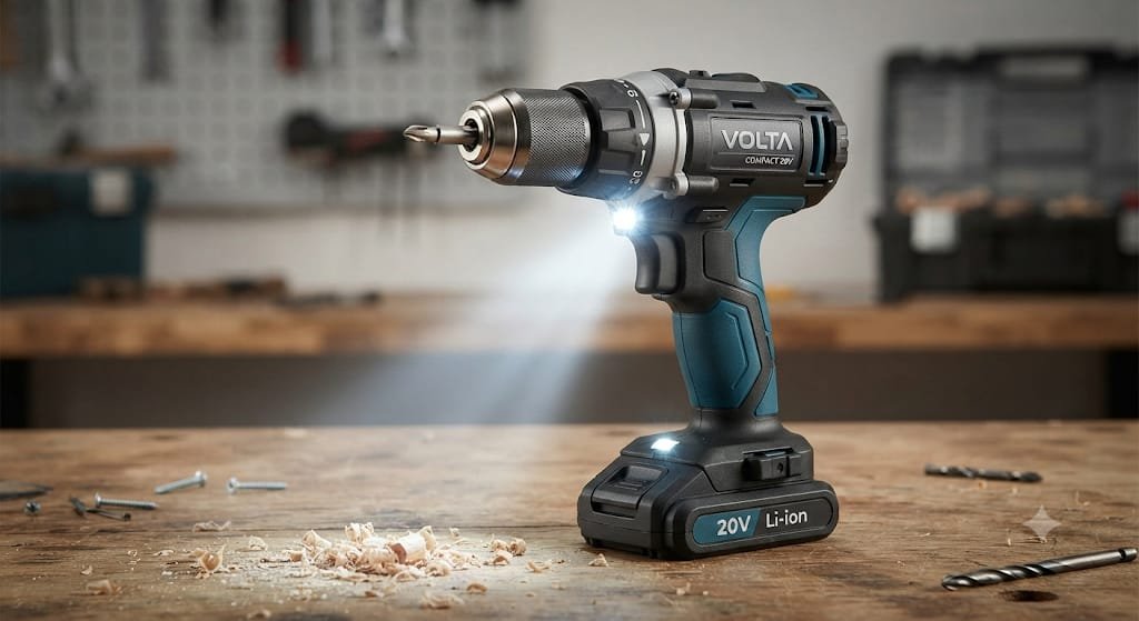 cordless power drill resting on a wooden workbench