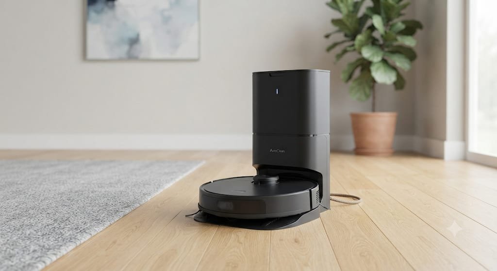 a modern smart robot vacuum cleaning hardwood flooring in a living room